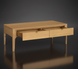 Rectangular light brown wood coffee table with two open drawers and slender legs.