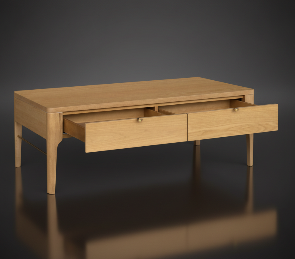 Rectangular light brown wood coffee table with two open drawers and slender legs.