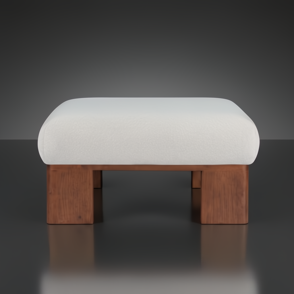 White polyester ottoman with rounded edges and a sturdy brown rubber wood base.