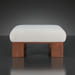 White polyester ottoman with rounded edges and a sturdy brown rubber wood base.