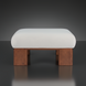 White polyester ottoman with rounded edges and a sturdy brown rubber wood base.
