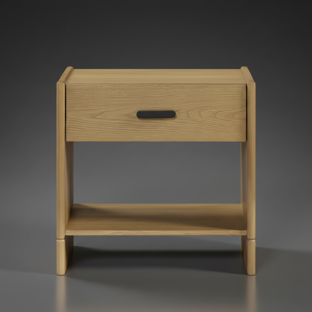 Brown oak Bodo Nightstand with a single drawer, black pull, and open shelf, featuring a minimalist modern design.