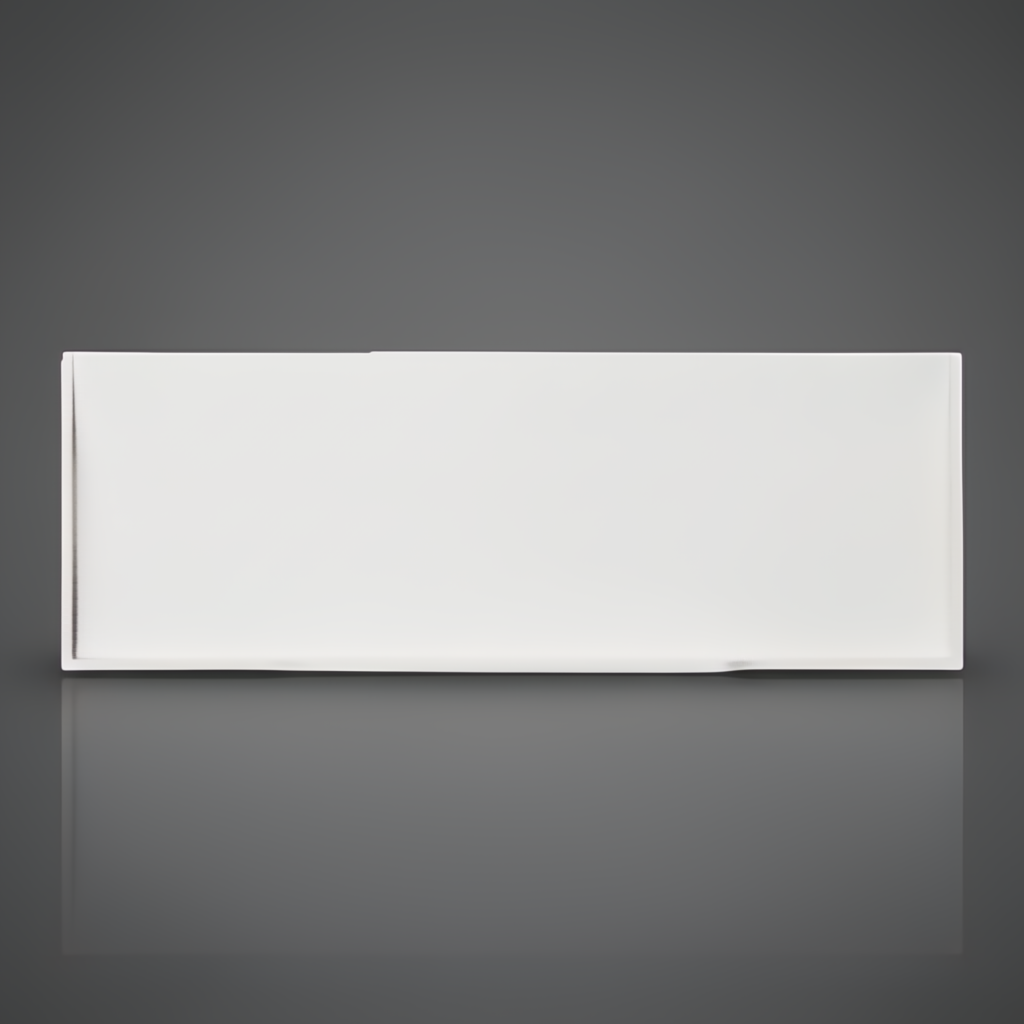 White painted MDF and rubber wood console table with a shallow tray shelf.