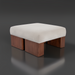 Ivory upholstered ottoman with a soft polyester cover and a brown stained rubber wood base.
