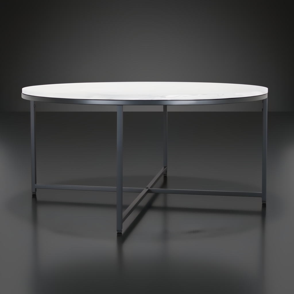 Surya Anastasia 35" round coffee table with a white natural marble top and black matte iron base.