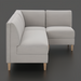 Light gray upholstered banquette chair with natural ash wood legs and a side cut-out detail.