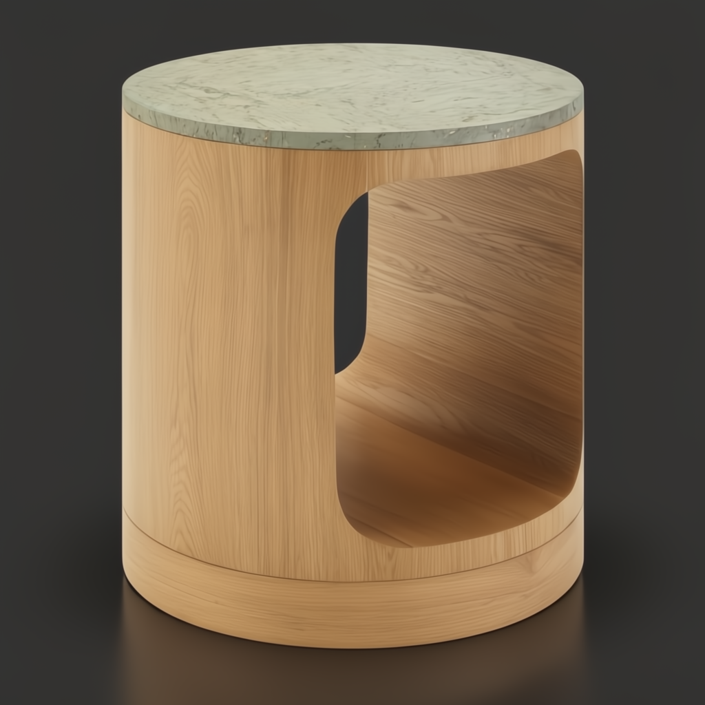 Surya Poros end table with green cork veneer top and brown oak base, 22"H.