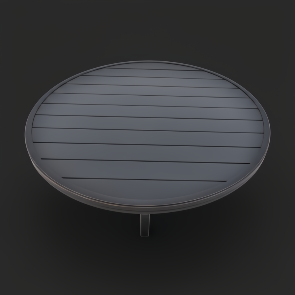 Surya Fairborn 42" round black hand-painted aluminum outdoor coffee table with slatted top.
