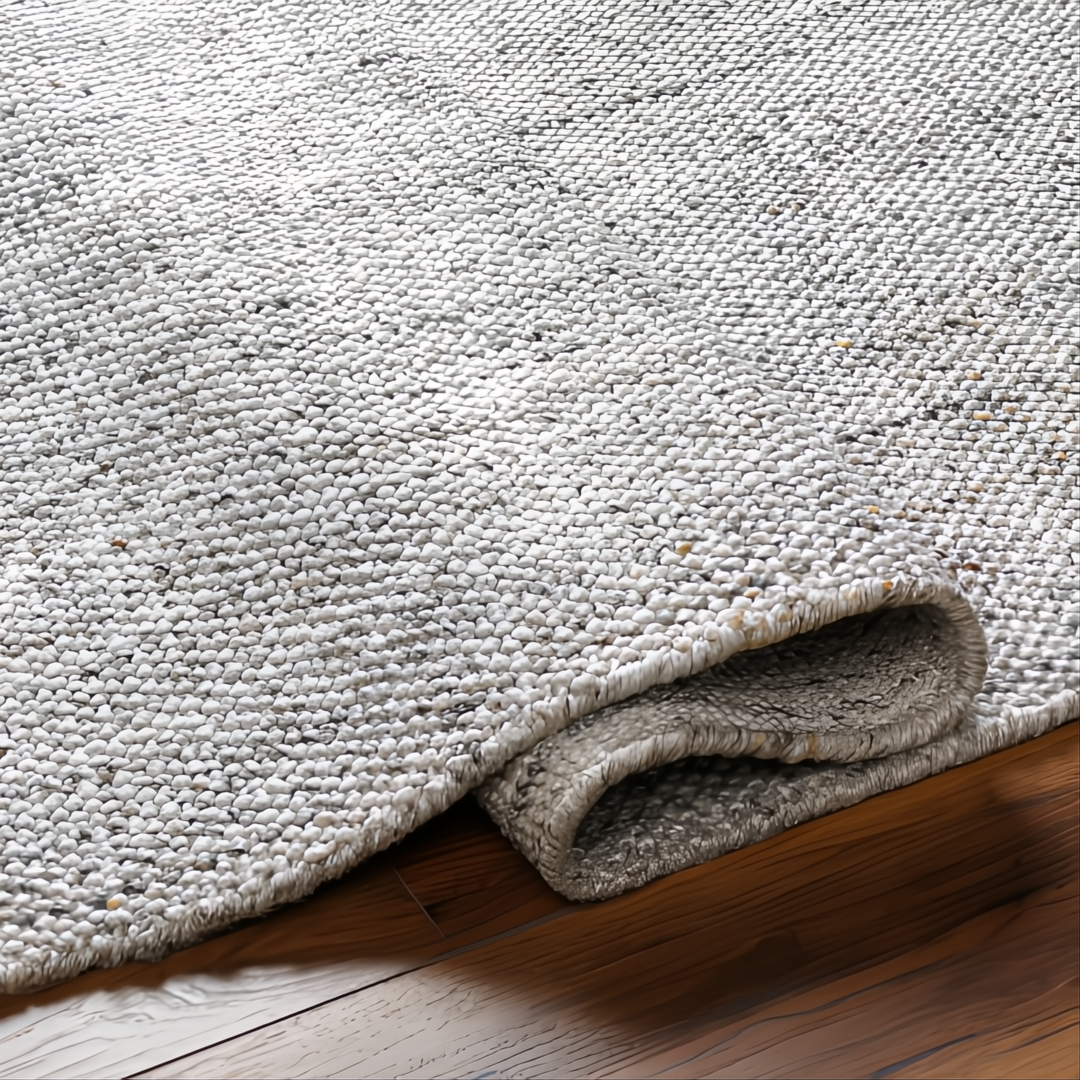 Surya Hope hand-loomed flatwoven rug in white, gray, and light slate recycled PET yarn on wood floor.