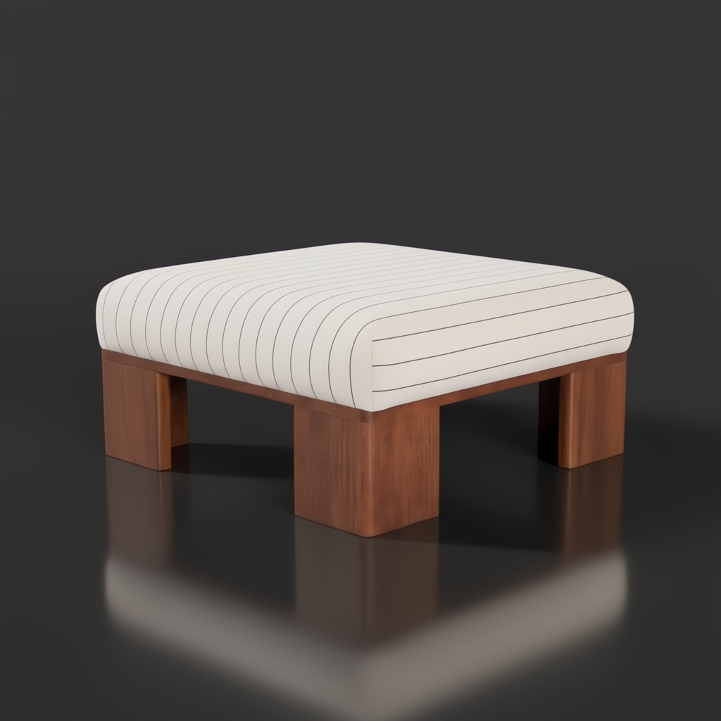 Surya Lunara Ottoman with a white striped polyester cushion and brown stained rubber wood base.