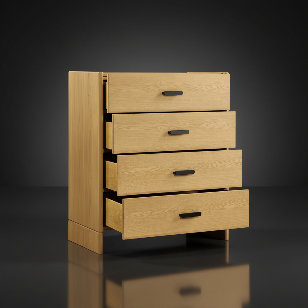 Bodo Dresser: Minimalist modern brown natural wood veneer dresser with four drawers and black metal pulls.