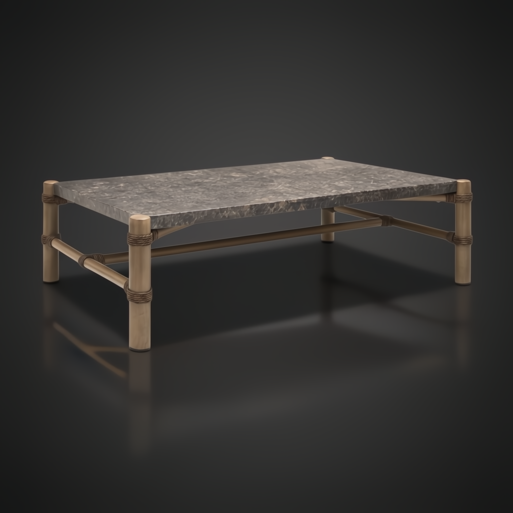 Rectangular outdoor coffee table with charcoal matte stone top, brown aluminum base, and PE rope-wrapped legs.