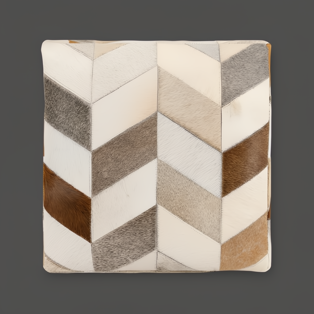 Surya Appalachian Ottoman: Ivory, brown, and gray hair on hide pouf with a chevron pattern.