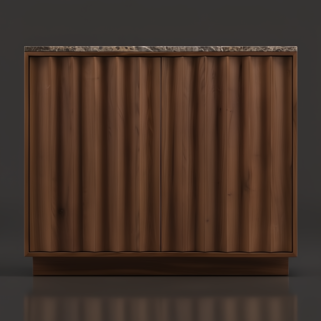 Brown mid-century modern Surya Skopa cabinet with fluted white oak doors and a marble top.