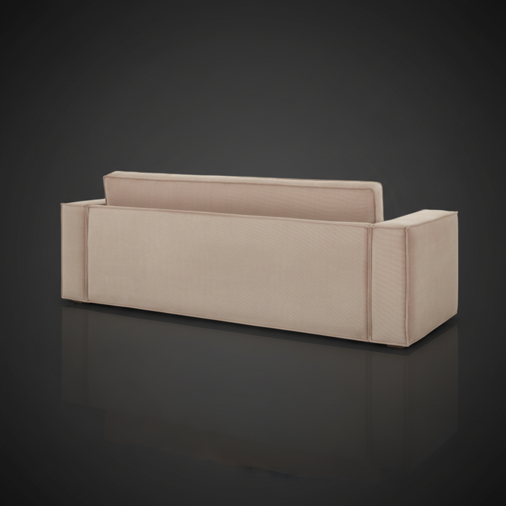 Rear view of a contemporary Surya Aira sofa in beige polyester, showing its clean lines and minimalist design.