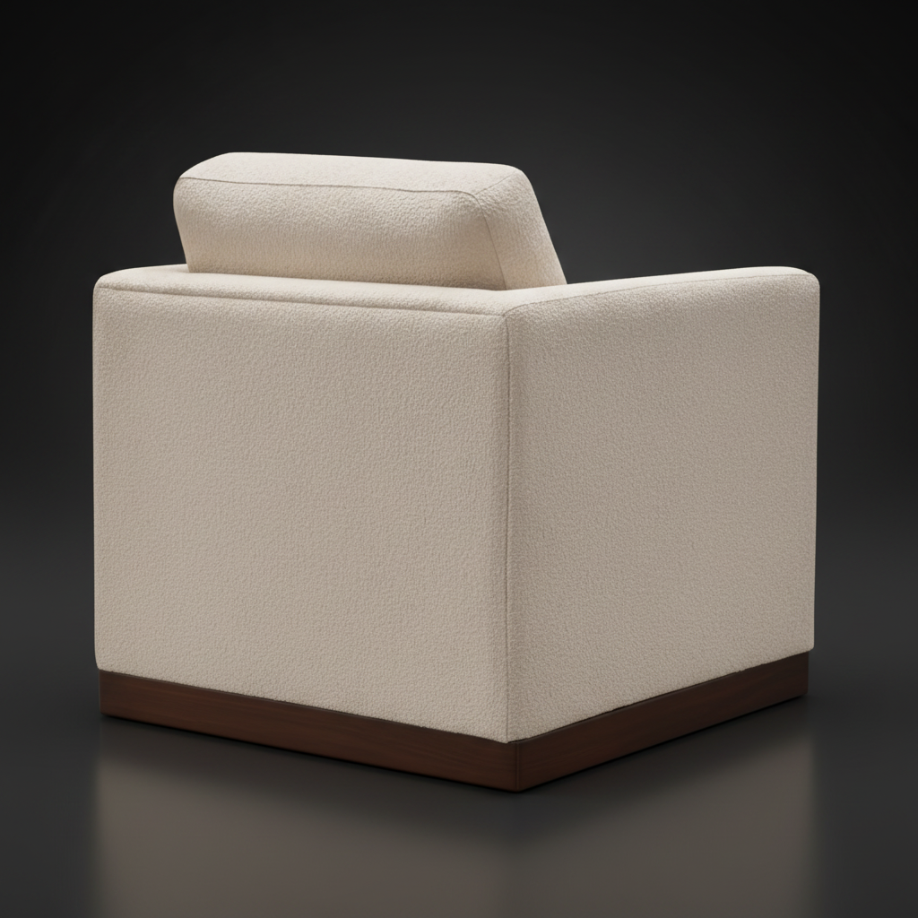 Beige polyester swivel chair with structured silhouette, squared arms, and a brown rubber wood base.