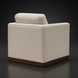 Beige polyester swivel chair with structured silhouette, squared arms, and a brown rubber wood base.
