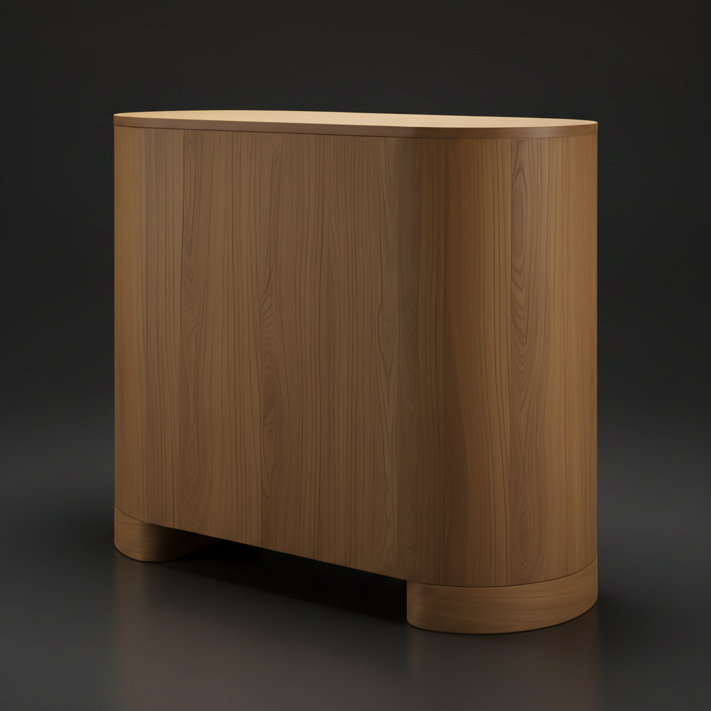 Surya Poros Cabinet with a natural oak base and rounded corners, featuring a light wood finish.