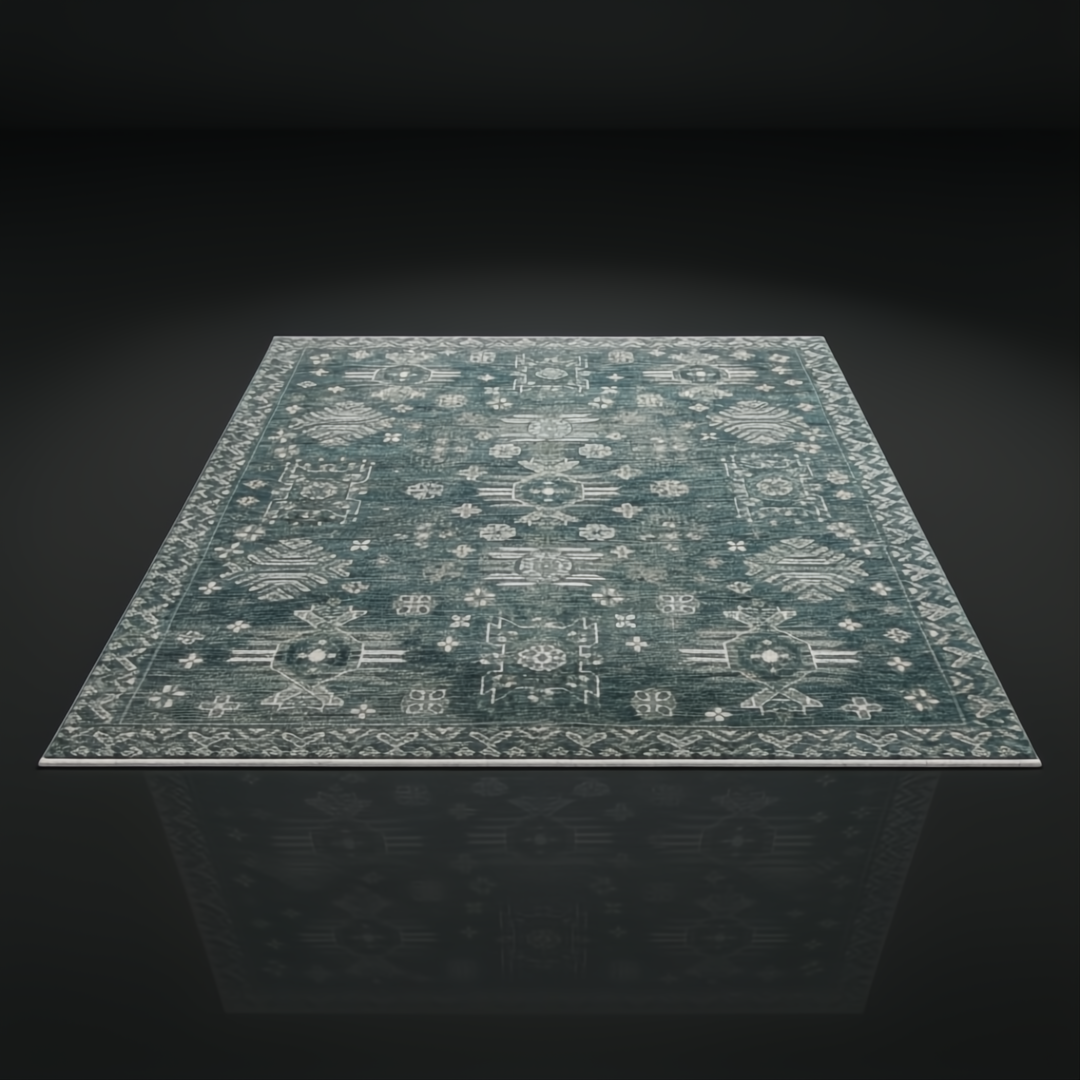 Surya Almeria low pile area rug in Dusty Sage, Medium Green, Medium Gray, Black, and Cream tones.
