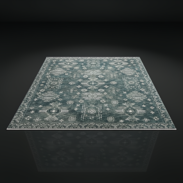 Surya Almeria low pile area rug in Dusty Sage, Medium Green, Medium Gray, Black, and Cream tones.