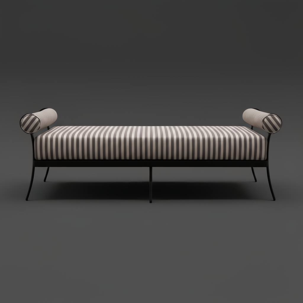 Surya Antibes outdoor bench with brown and beige striped Sunbrella upholstery, black aluminum base, and bolster arms.