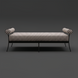Surya Antibes outdoor bench with brown and beige striped Sunbrella upholstery, black aluminum base, and bolster arms.