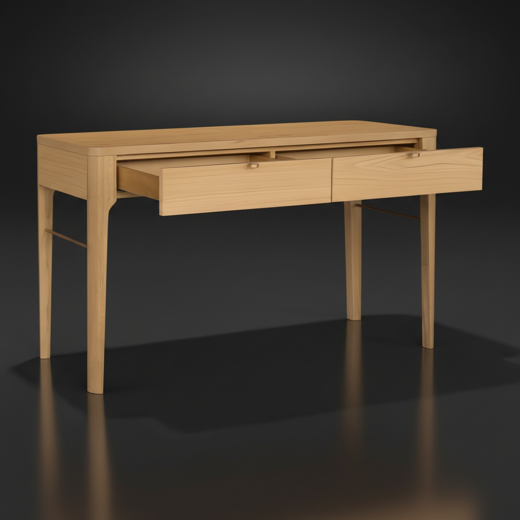 Modern light brown oak console table with two drawers, one partially open, and metallic brass accents.