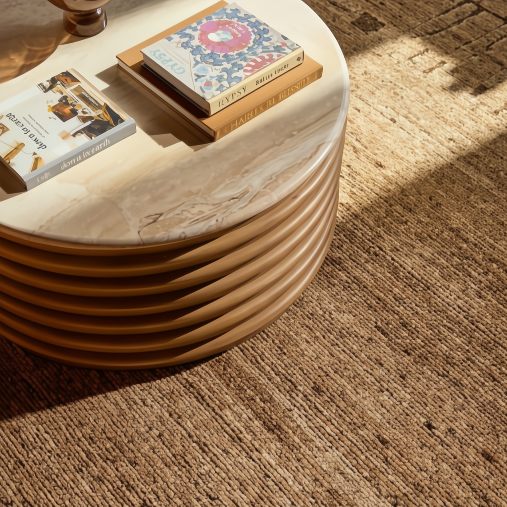 Surya Redondo coffee table with a beige polished marble top and ribbed beige lacquered mango wood base.