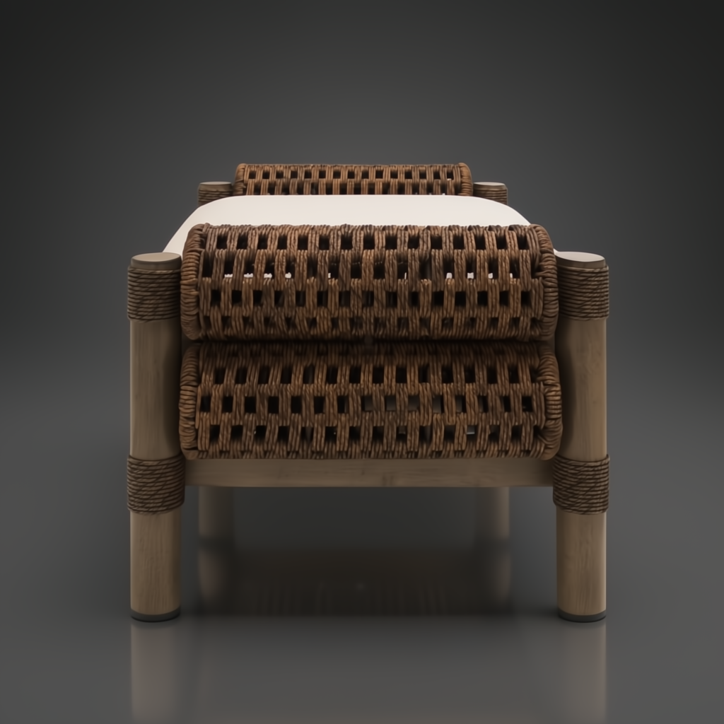 Surya Porta Ottoman with a light cushion, brown woven sides, and a hand-painted aluminum base.