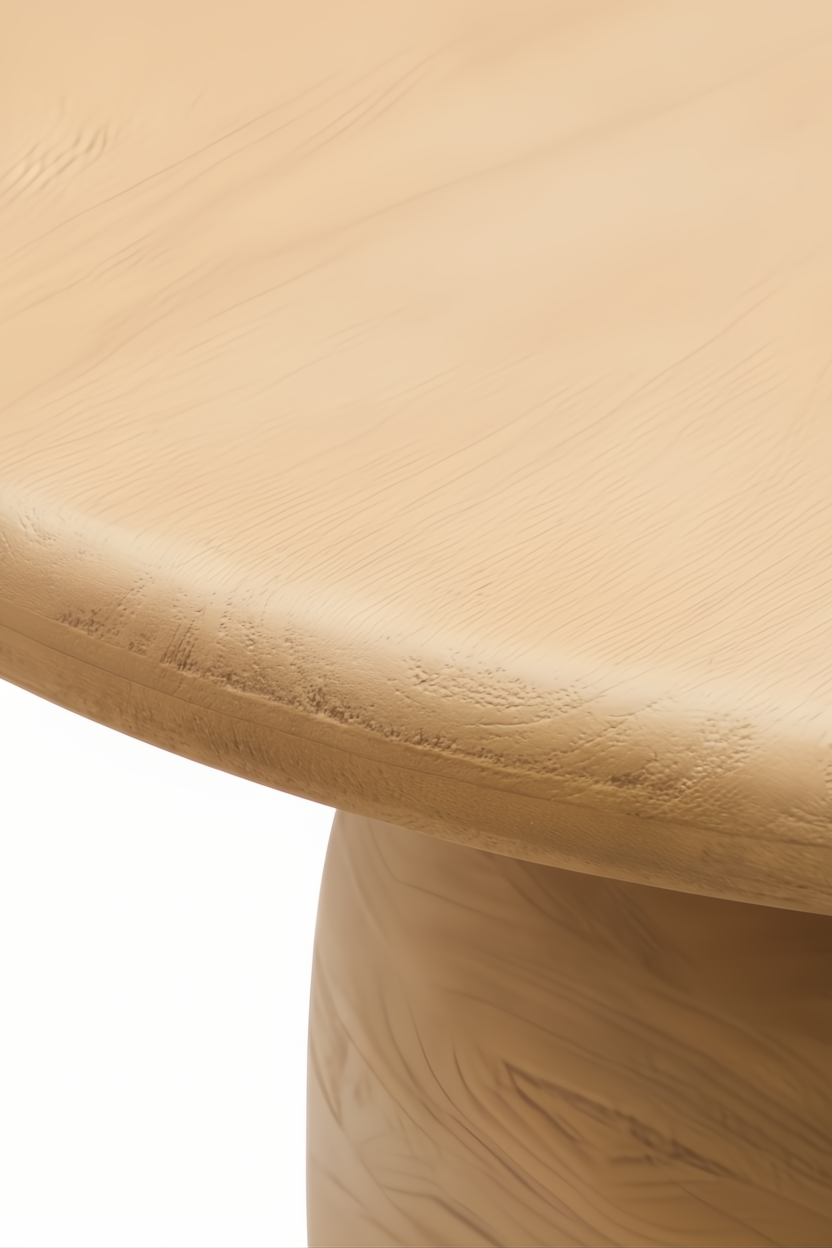 Beige round mango wood dining table with a brushed finish, showcasing the natural wood grain.