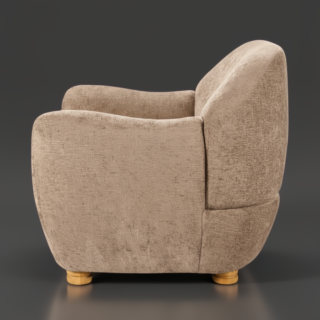 Surya Perch Accent Chair, light gray polyester upholstery, brown lacquered rubber wood base, minimalist modern design.