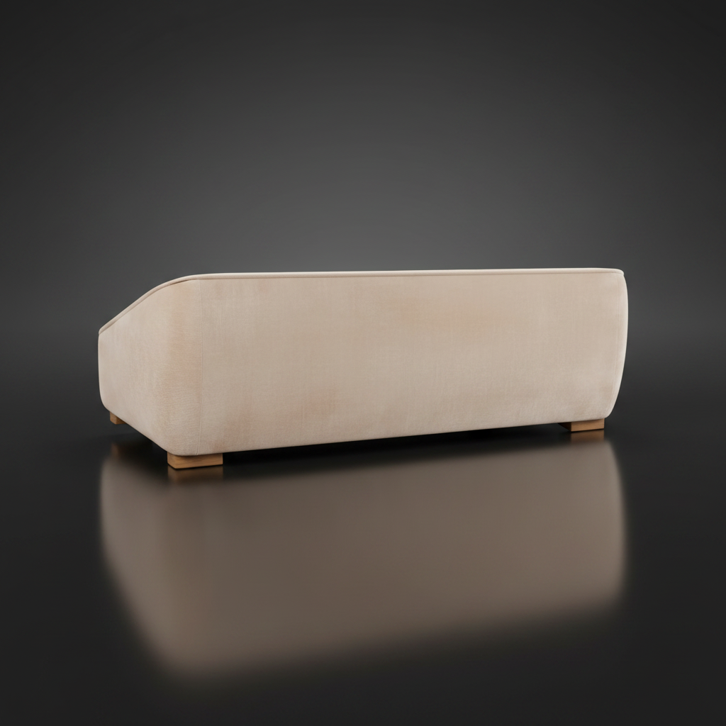 Beige Surya Alba sofa with a smooth polyester cover and low wooden feet.