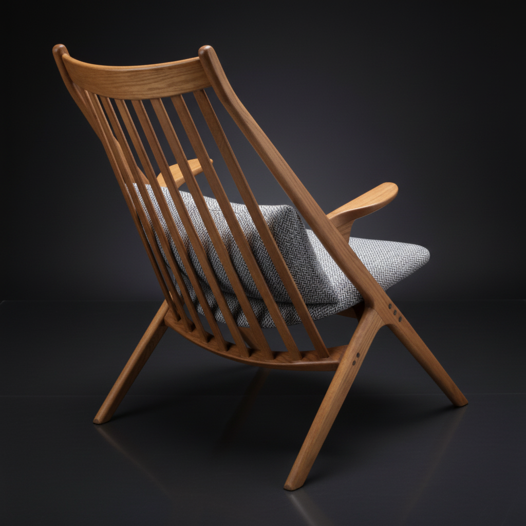 Mid-century modern wooden accent chair with slatted back and gray upholstered cushions.