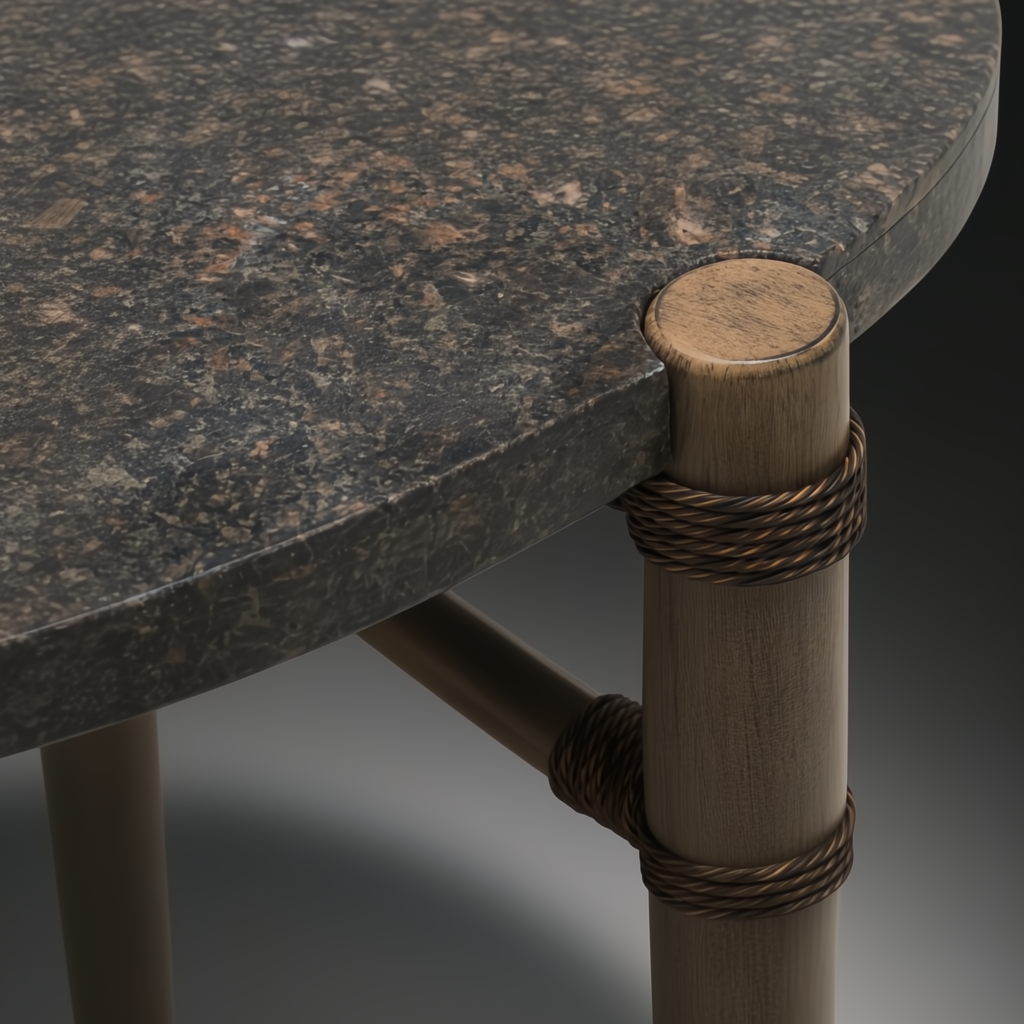 Surya Porta outdoor coffee table with charcoal matte stone top, brown aluminum base, and PE rope detail.