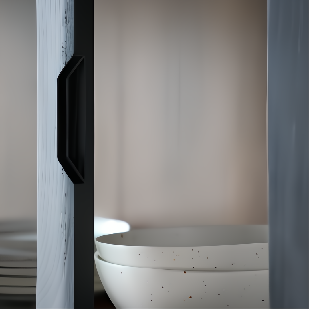 Close-up of a black handle on a light wood cabinet door, with white ceramic bowls visible inside.