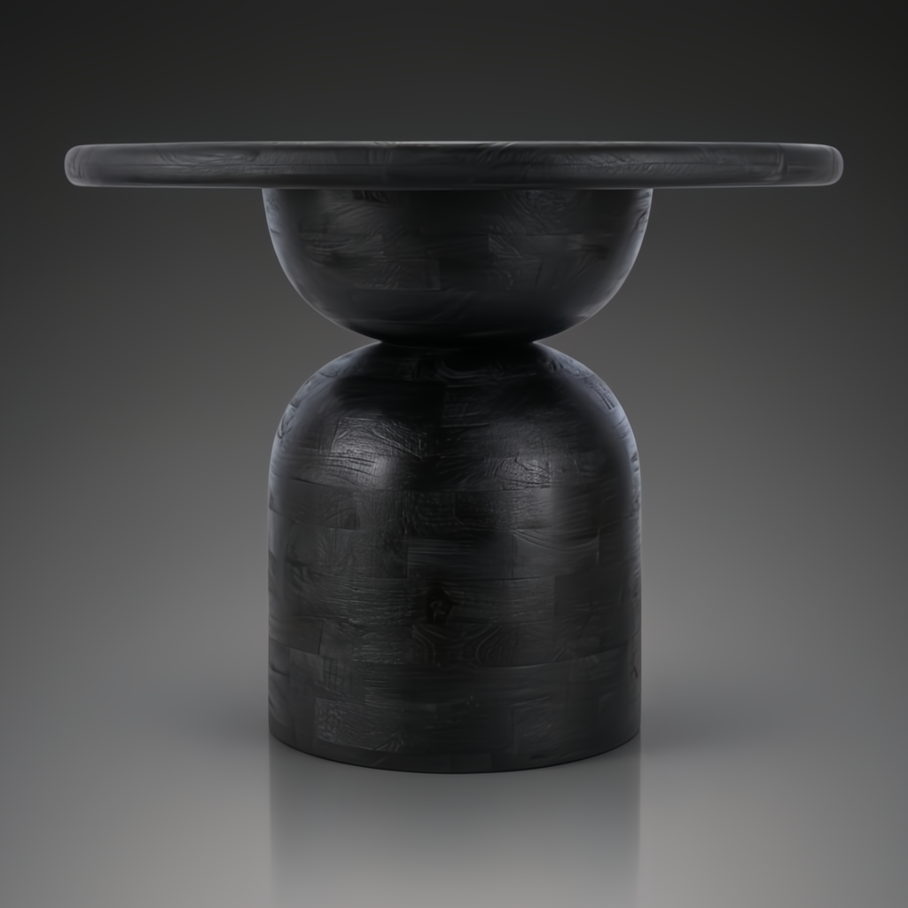 Surya Koben black mango wood dining table with a sandblasted finish and sculptural base.