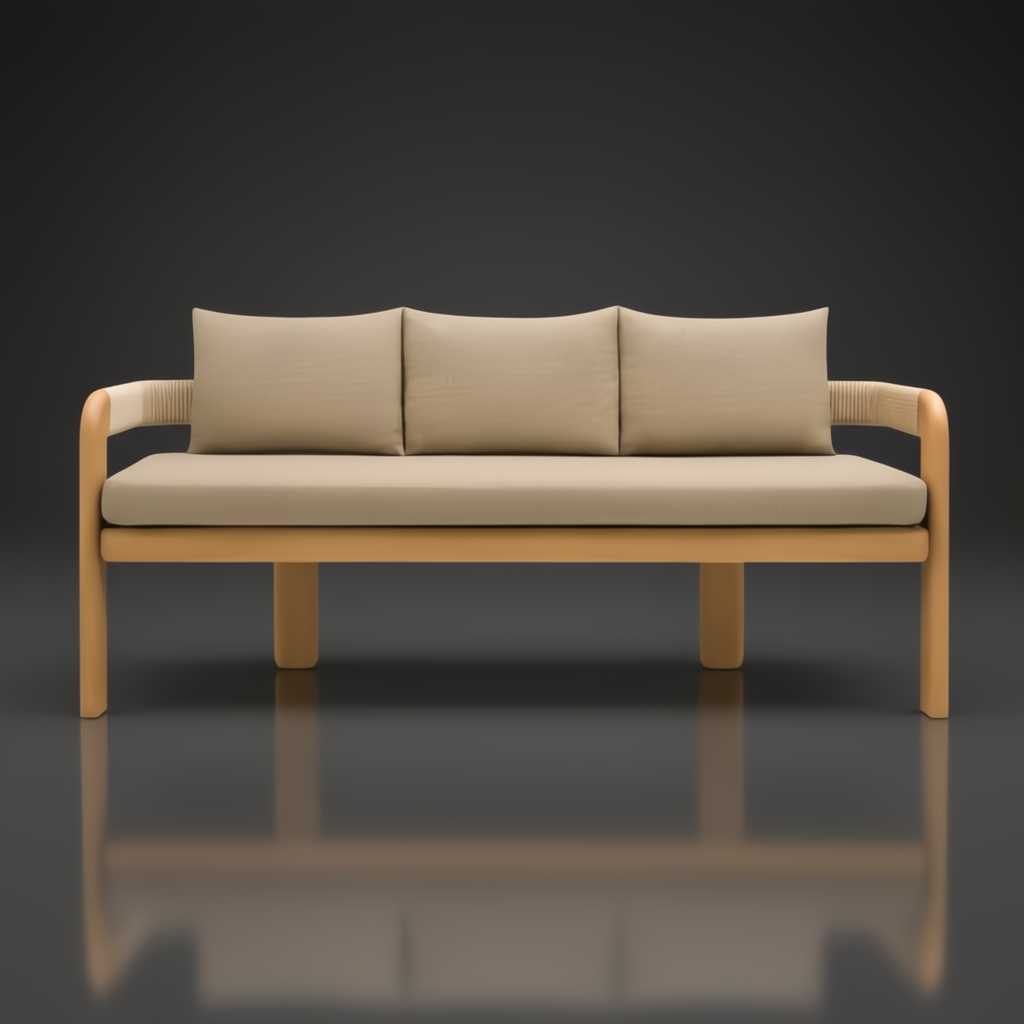 Surya Palma outdoor bench with beige Sunbrella cushions, teak wood base, and PE rope arm detail.