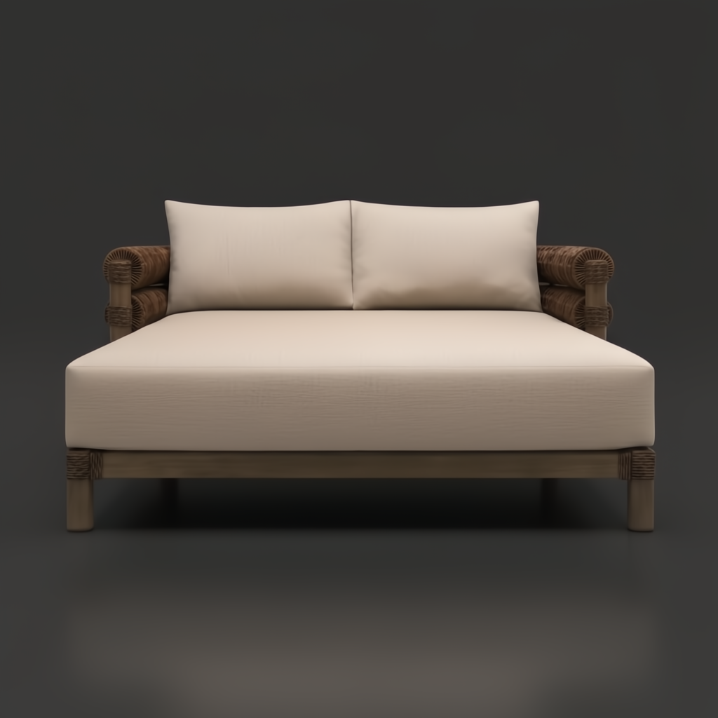 Surya Porta Daybed with beige Sunbrella® cushions, brown hand-painted aluminum base, and handwoven PE wicker.