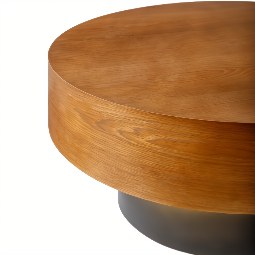 Surya Russula round coffee table with dark brown oak veneer top and metallic gold ombre iron base.