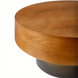 Surya Russula round coffee table with dark brown oak veneer top and metallic gold ombre iron base.