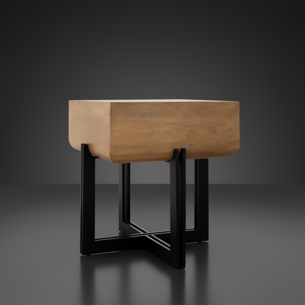 Surya Lowmax end table with natural brown mango wood top and black cast iron X-base.