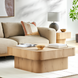 Surya Arquette 40" square wood veneer coffee table with natural finish in a modern living room.