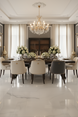 Elegant dining room with a long dark wood table, cream and charcoal upholstered chairs, and a crystal chandelier.