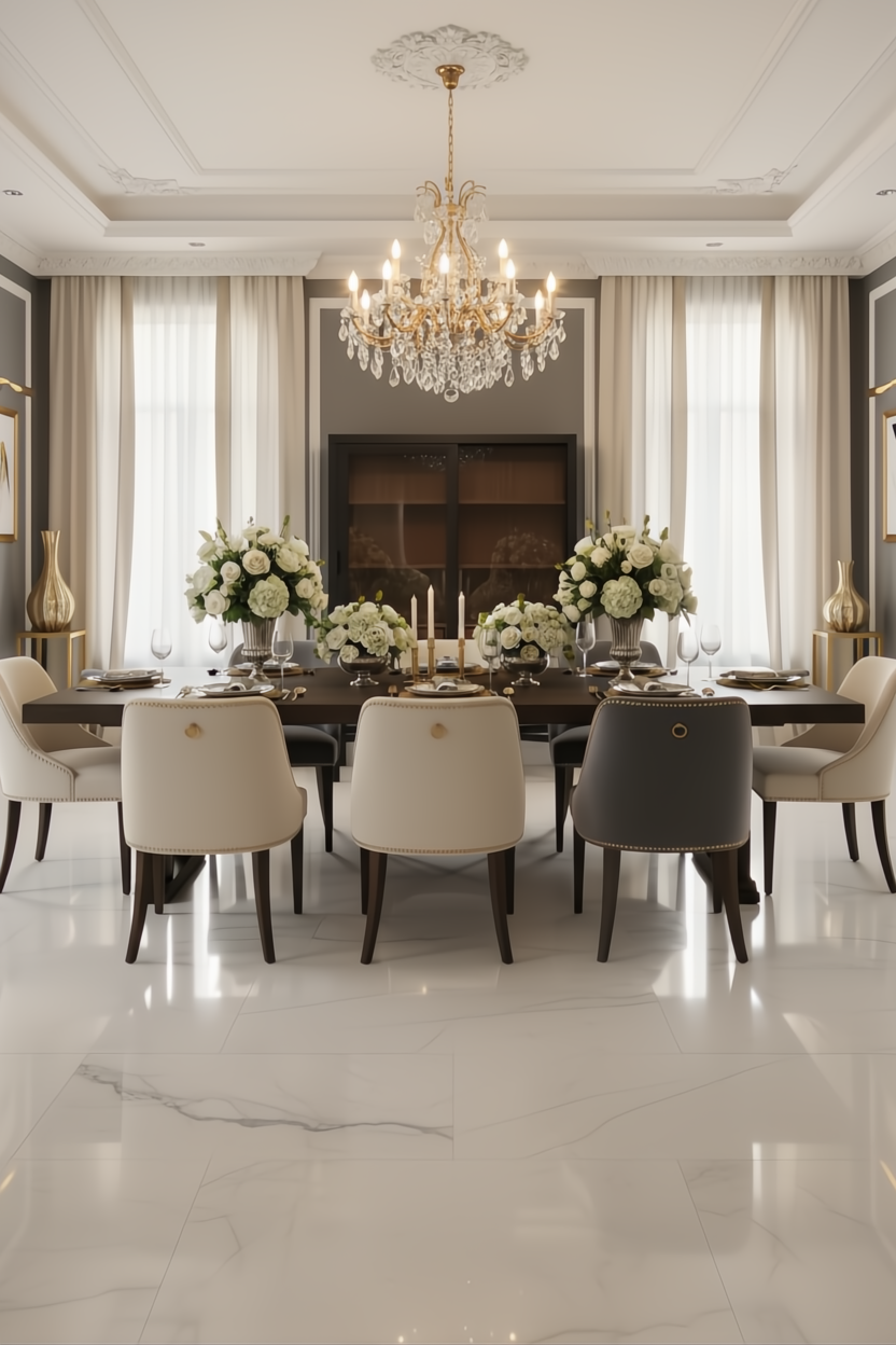 Elegant dining room with a long dark wood table, cream and charcoal upholstered chairs, and a crystal chandelier.
