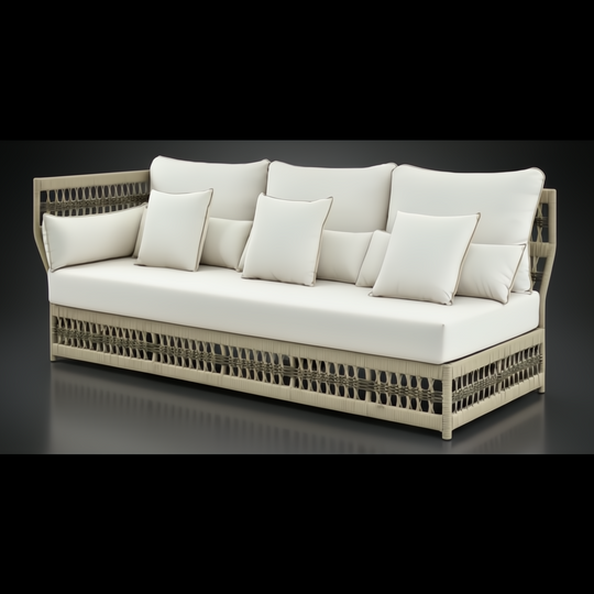 Winder Sectional Left Arm in cream Sunbrella acrylic with a woven aluminum base, ideal for indoor/outdoor lounging.