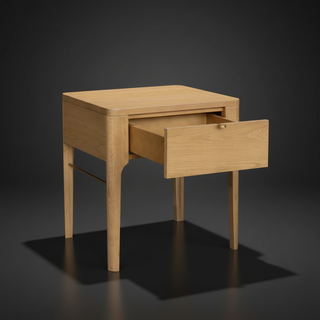 Surya Anello End Table, light brown oak veneer with open drawer and metallic brass accent.