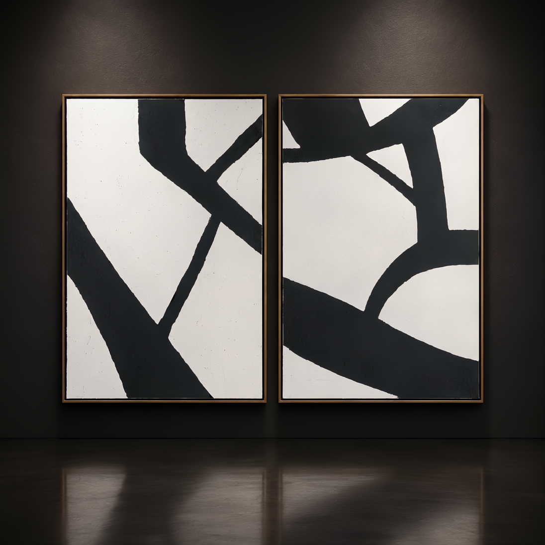 Surya Aasmaa AAM-003, a set of two hand-painted black abstract wall art panels with matte brown frames.