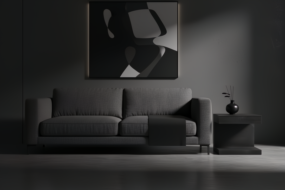 Surya Coburn black mango wood end table next to a gray sofa in a minimalist room.