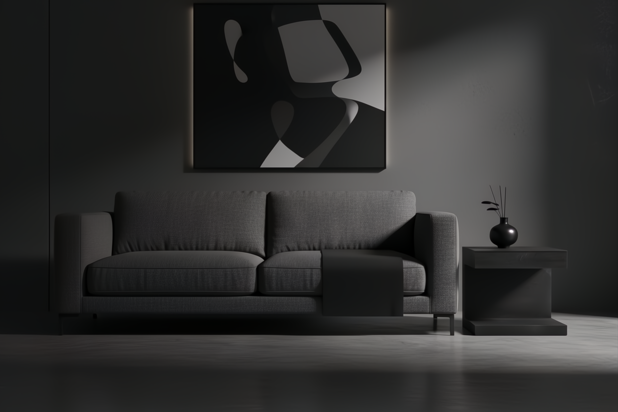 Surya Coburn black mango wood end table next to a gray sofa in a minimalist room.
