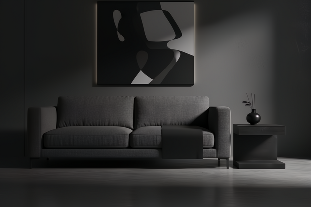 Surya Coburn black mango wood end table next to a gray sofa in a minimalist room.